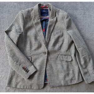 Boden Blazer Jacket British Tweed Womens 16R 100% Wool Navy Blue Houndstooth